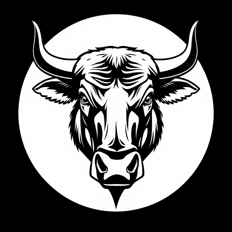 Create a detailed and bold illustration of a bull's head in a minimalist style, focusing on sharp lines and high contrast, using a Canon EOS R5 with a 50mm f/1.2 lens, shooting at f/4, ISO 100, and a low-angle perspective to emphasize the strength of the bull.