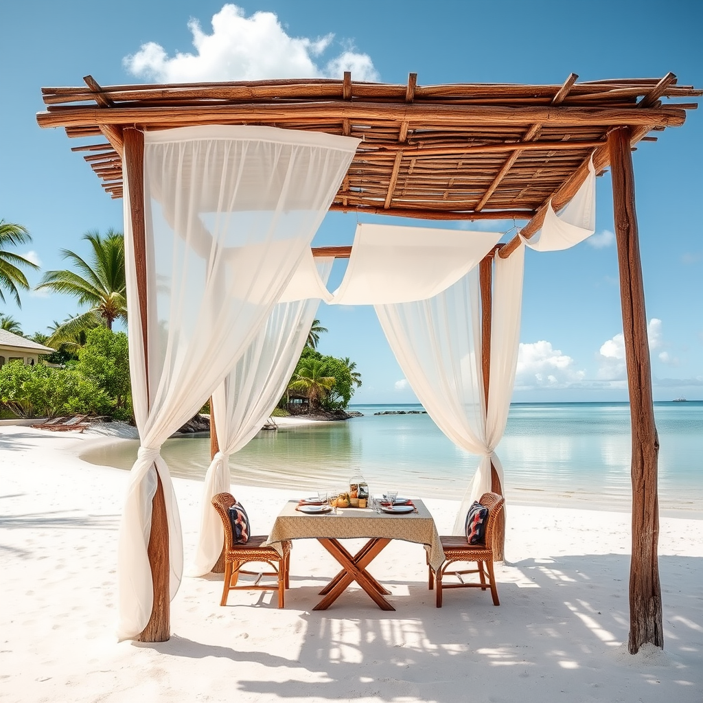 Create a picturesque tropical beach scene featuring a serene, white sandy shore. In the foreground, there's a rustic wooden canopy with white drapes gently flowing in the breeze. Underneath the canopy, a table is set with tropical decor, evoking a sense of relaxation and leisure. The beach extends into a calm, shallow water area with reflections of the sky and surroundings. Palm trees and lush greenery line the edge of the beach, providing a natural, tropical backdrop. The sky is clear with a few scattered clouds, and the overall atmosphere is tranquil and inviting, perfect for a peaceful retreat.