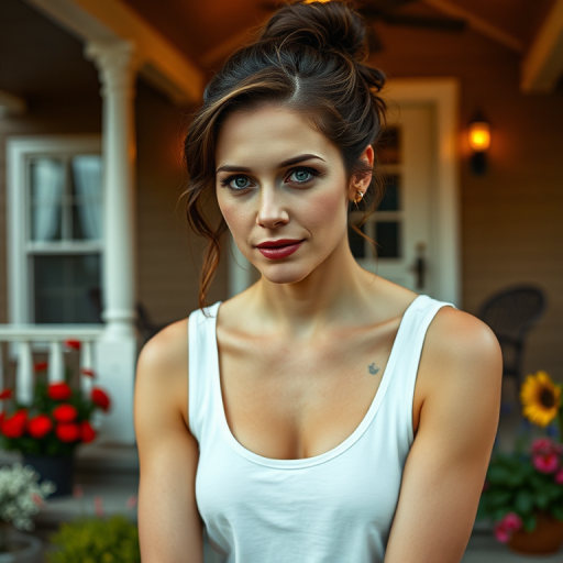 A photo of Jessica Chastain with a background of a cozy porch. She has dark hair pulled back in an updo, with tendrils framing her face. She wears a white tank top and sits on the porch. The porch is part of a well-lit home with a warm, earthy tone and colorful flowers and foliage. The overall scene has a warm, welcoming, and comfortable ambiance.