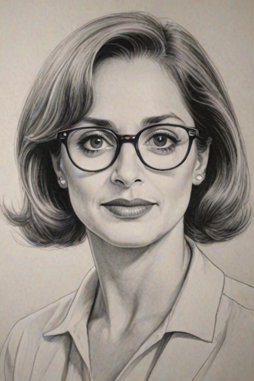 Attractive Patti LuPone, pencil sketch, portrait of Charming woman 1948s in glasses, hair style beatnik, outline, clear lines, fine lines, 8k