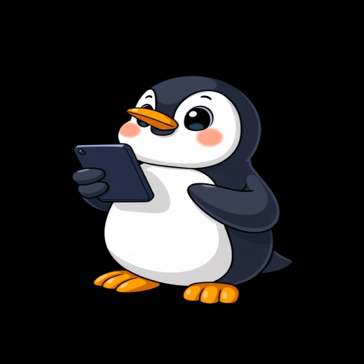Create a cute cartoon penguin character holding a smartphone, with a black background, using a DSLR camera, aperture f/2.8, ISO 100, 50mm lens, in daylight to enhance color vibrancy and sharpness.