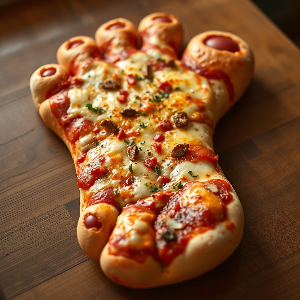 Pizza shaped like giant human foot. Golden-brown crust mimics skin texture and toenails. Tomato sauce and melted cheese cover 'sole'. Various toppings scattered realistically. Soft side lighting highlights textures. Served on rustic wooden table. Closeup view.