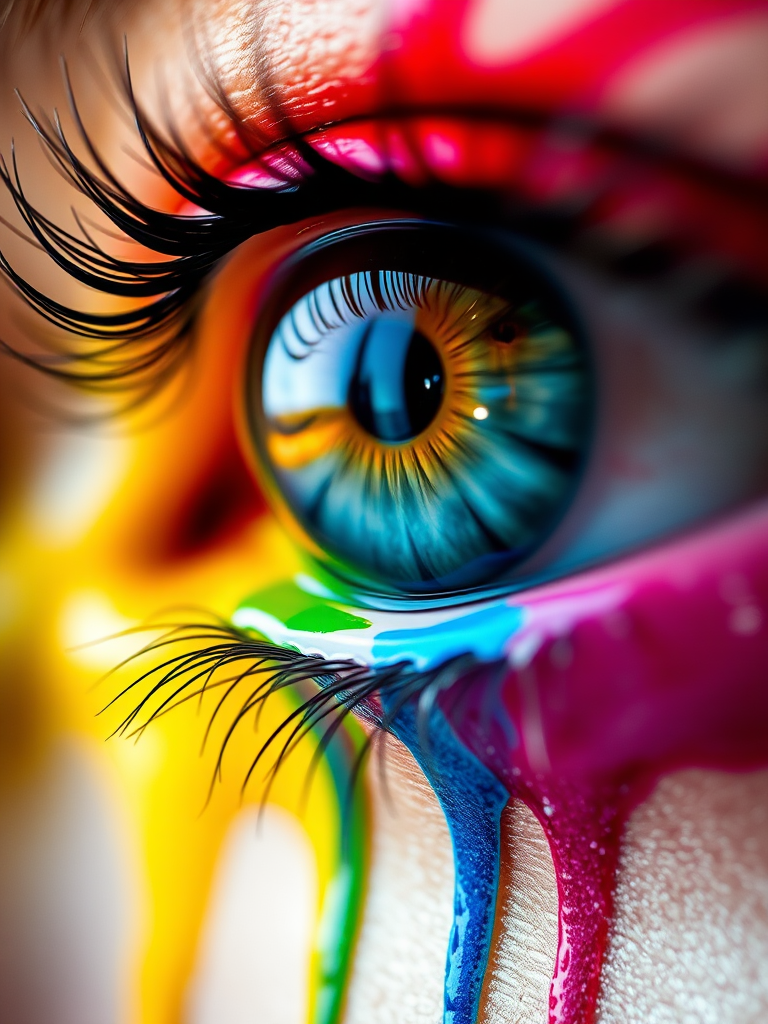 An eye with a vibrant rainbow splash of paint, colorful drips flowing down, macro shot, f/2.8 aperture, 50mm lens, ISO 100, natural light, high dynamic range, focus on the eye details.