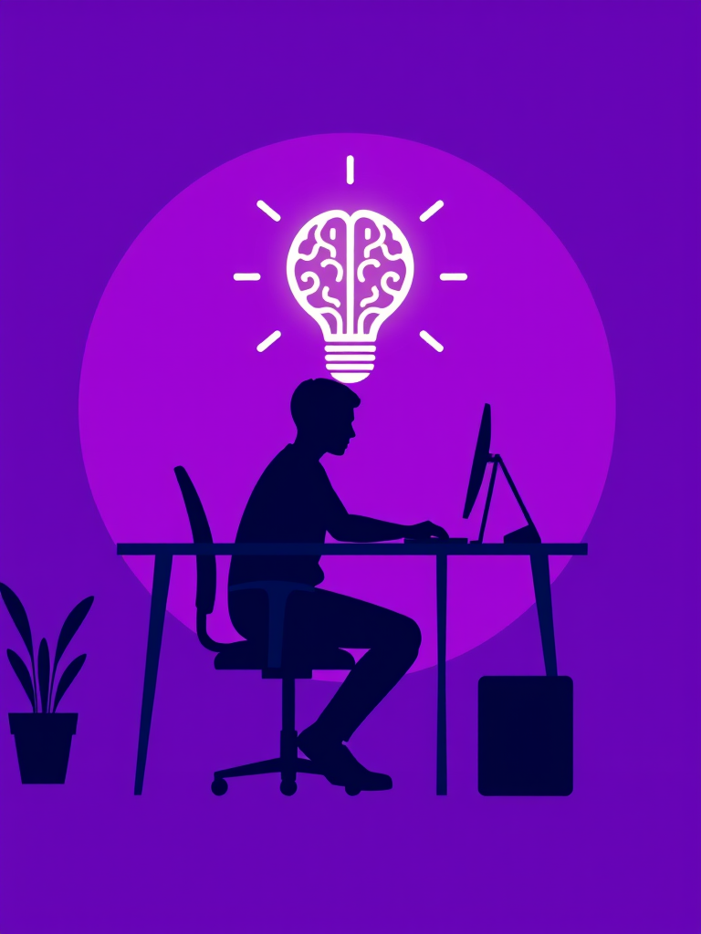 Create a digital illustration of a silhouette of a person sitting at a desk working on a computer, with a light bulb graphic containing a brain, on a vibrant purple background, using a 50mm lens, f/1.8 aperture, ISO 200, and a soft focus effect to enhance depth.