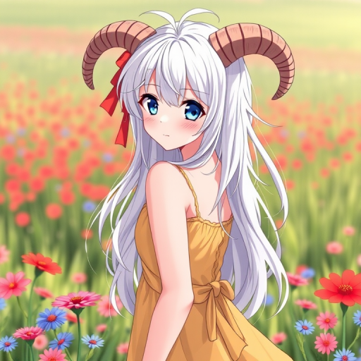 masterpiece, best quality, 1girl, white hair, long hair, messy hair, ribbon, outdoors, sheep horns, blue eyes, yellow sundress, flowers, colorful flowers, red flowers, blue flowers, field, from behind, looking back, smile, blush, closed mouth, mature female,