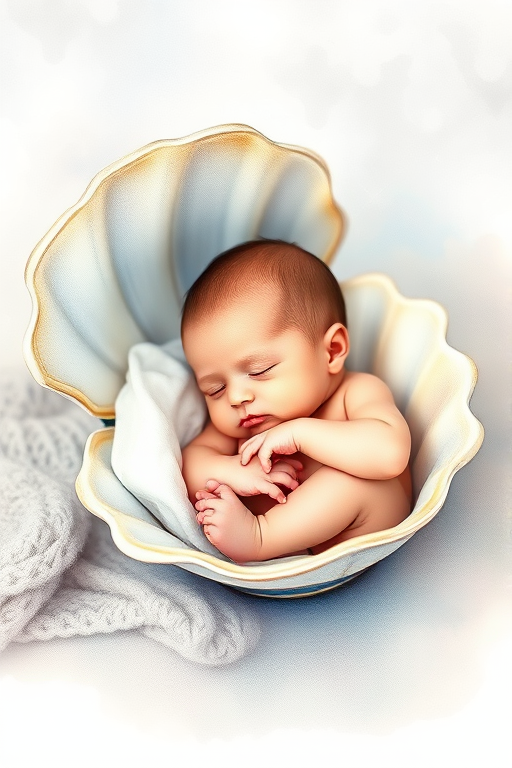 Create a high-quality watercolor illustration of a sleeping baby in a clam shell, soft pastel colors, using a Canon EOS 5D Mark IV, f/2.8 aperture, 50mm lens, natural light, and focus on capturing fine details and textures.