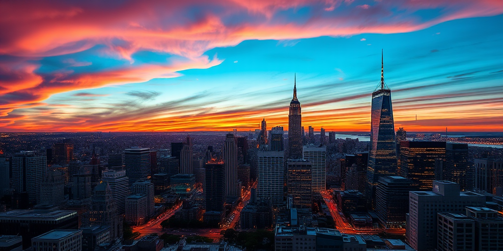 Create a high-resolution photograph of a city skyline at sunset with vibrant colors, using a wide-angle lens at f/8, ISO 100, 1/250 sec exposure, captured from a high vantage point to emphasize depth and perspective, employing a DSLR camera style for enhanced clarity.