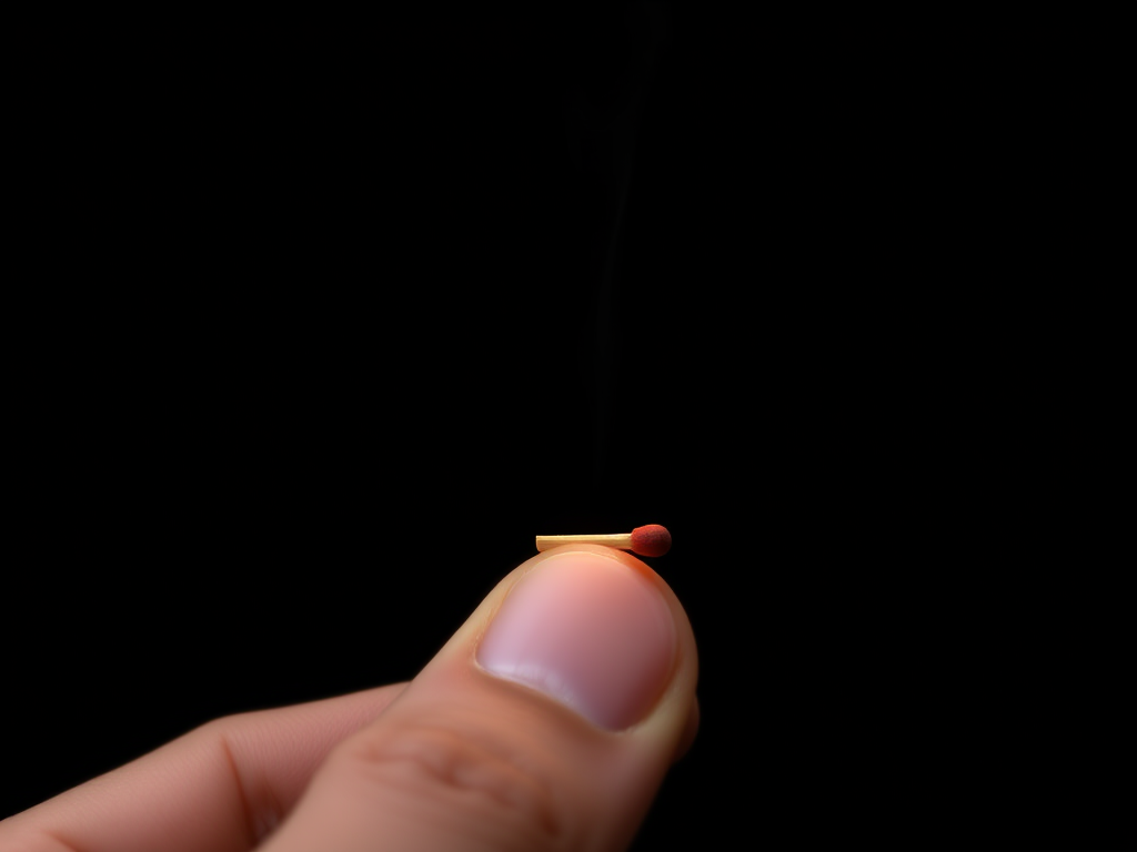Capture a close-up of a hand holding a lit matchstick against a dark background, with focus on the flame and smoke detail, using a DSLR camera at f/2.8, ISO 100, shutter speed 1/200s, in macro style photography.