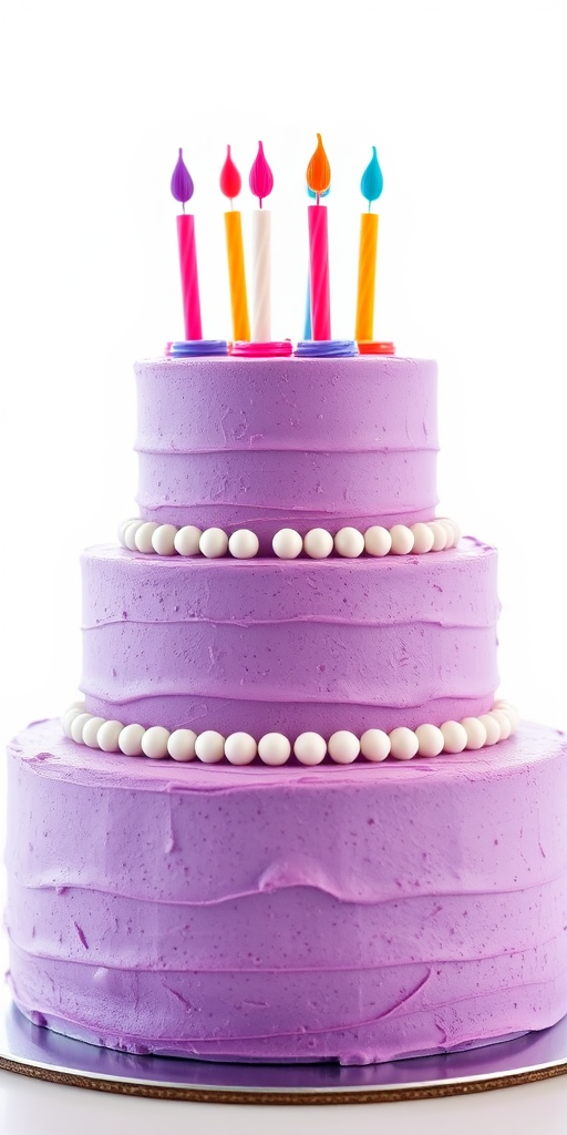 Create a three-tiered purple cake with smooth frosting, adorned with white pearls and colorful candles on top, captured with a DSLR camera using a 50mm lens at f/2.8, ISO 100, in a bright studio setting with soft diffused lighting.