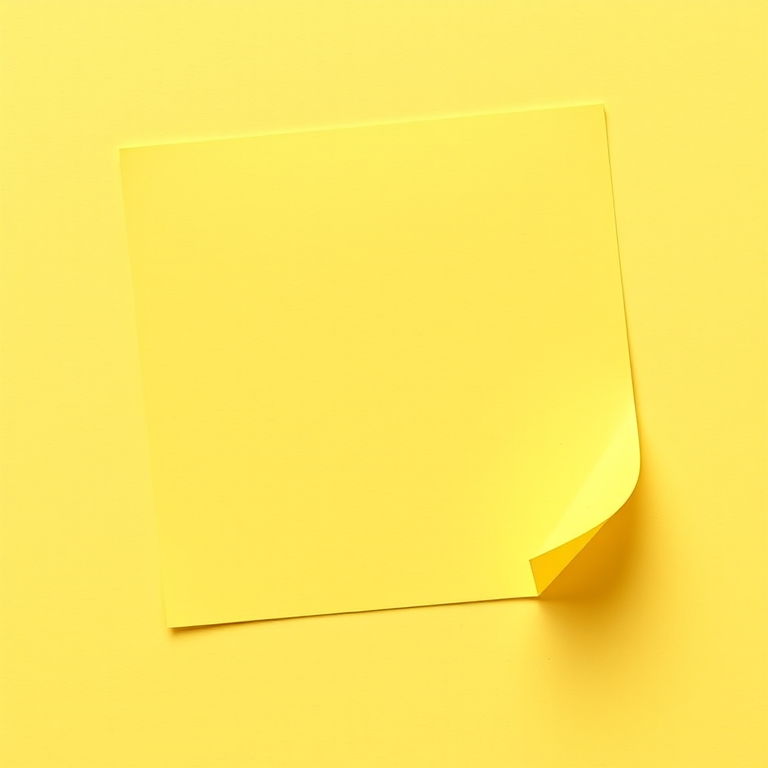 Create a high-resolution image of a simple yellow sticky note with a slightly curled edge in the bottom right corner, shot with a Canon EOS R5 camera, 50mm lens, f/2.8 aperture, ISO 100, natural lighting for even brightness, soft focus background to emphasize the note.