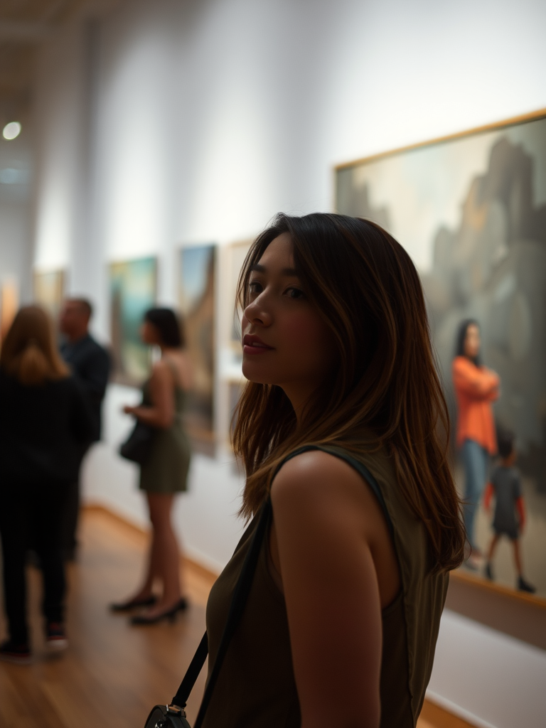 Blurry candid shot of a woman exploring an art gallery, softly illuminated by the artwork on display, her expression one of curiosity as she admires a large abstract painting.
