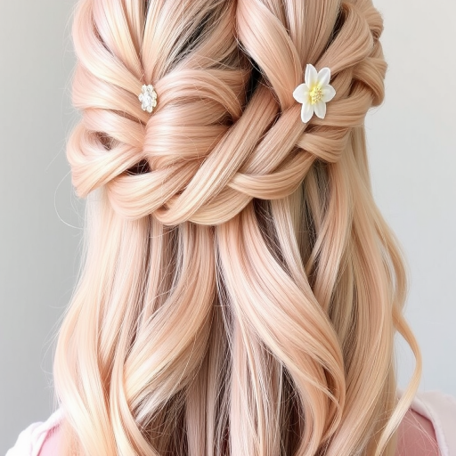 Romantic Rose Gold Waterfall Braid exhibiting a soft blend of pale pink and warm golden hues woven into an intricate cascading braid accented with delicate floral hair pins