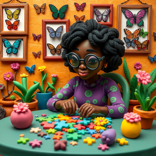 A vibrant and whimsical illustration of an african american woman sitting at a table working on a colorful jigsaw puzzle. she is wearing round glasses, and patterned clothing in shades of purple and green.  The background features an eclectic collection of framed butterflies, potted plants, and other natural elements, creating a warm and inviting atmosphere. The style is playful and modern, with rich textures, intricate details, and a lively color palette.