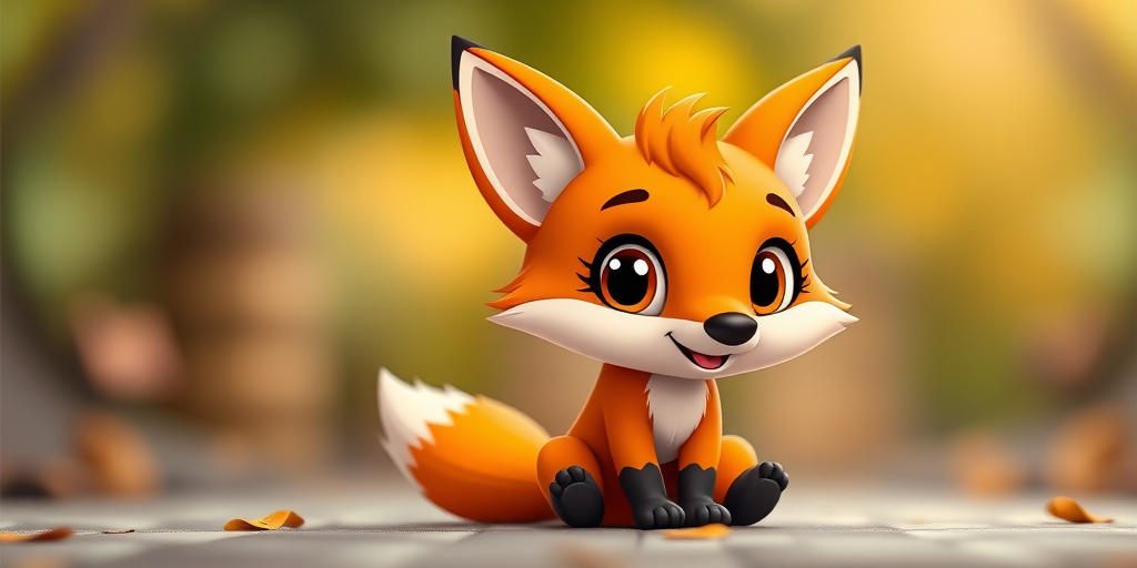 Create a cute cartoon fox character, sitting and smiling, with bright orange fur and large expressive eyes, in a vibrant and colorful style, with a blurred background for focus, using a Canon EOS R5 camera, 50mm lens, aperture f/1.8, ISO 100, high-resolution, natural lighting.