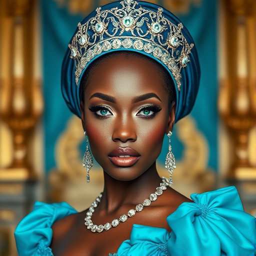 A gorgeous Garifuna woman in a luxurious cyan gown, accessorized with a dazzling tiara and statement earrings, her deep green eyes highlighted by impeccable makeup, poised in a royal setting, photorealistic, 8K quality
