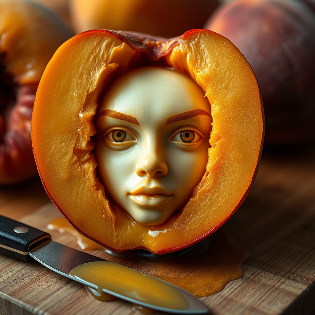 A hyperdetailed photorealistic macro color saturated high resolution image of a peach cut in half, with the peach pit being a highly detailed sculpted woman's face with her eyes open and peach-colored irises. The face has a marble texture. The image includes condensation, moisture, and peach juice. The peach is on a wooden cutting board with a small fruit knife nearby, also covered with juice.