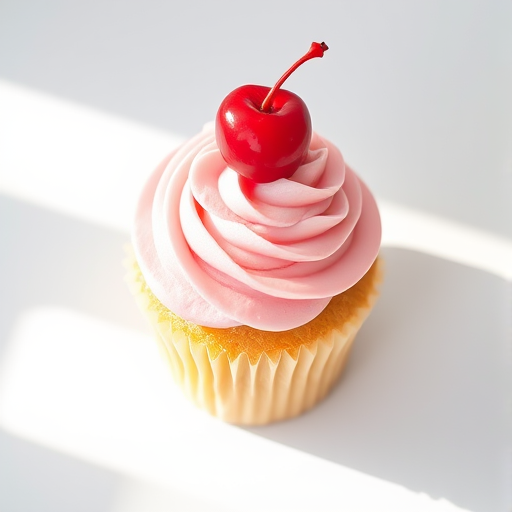 Create a high-resolution illustration of a cupcake with pink frosting and a cherry on top using a Canon EOS 5D Mark IV, aperture f/2.8, ISO 100, 50mm lens, captured from a top-down view with soft natural lighting.