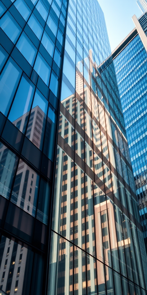 urban architecture close-up, modern glass building reflections, soft natural light, 50mm lens, f/8 aperture, ISO 200, 1/125 sec, taken from a low angle, wide angle view, DSLR camera