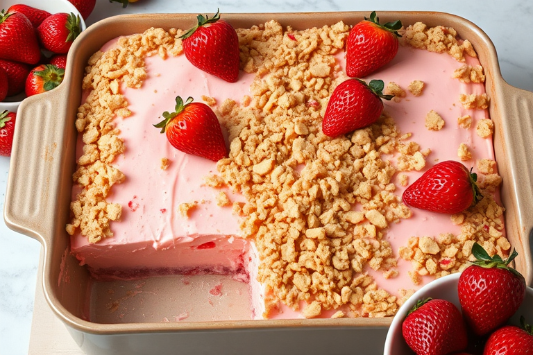 A rectangular dessert with a creamy pink filling and a crumbly topping made of crushed strawberries and cookies, decorated with whole strawberries on top, set in a baking dish with a piece cut out, surrounded by fresh strawberries in a bowl.