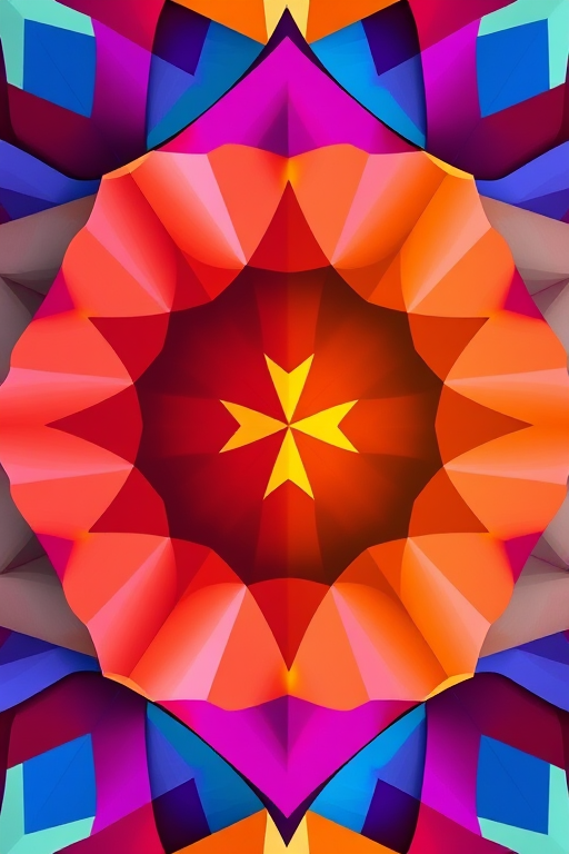 Create a high-resolution image of an abstract geometric pattern with vibrant colors and sharp edges, using a DSLR camera with a 50mm lens at f/1.8, ISO 100, and a shutter speed of 1/125s, shot from a top-down view in natural lighting to enhance detail and clarity.