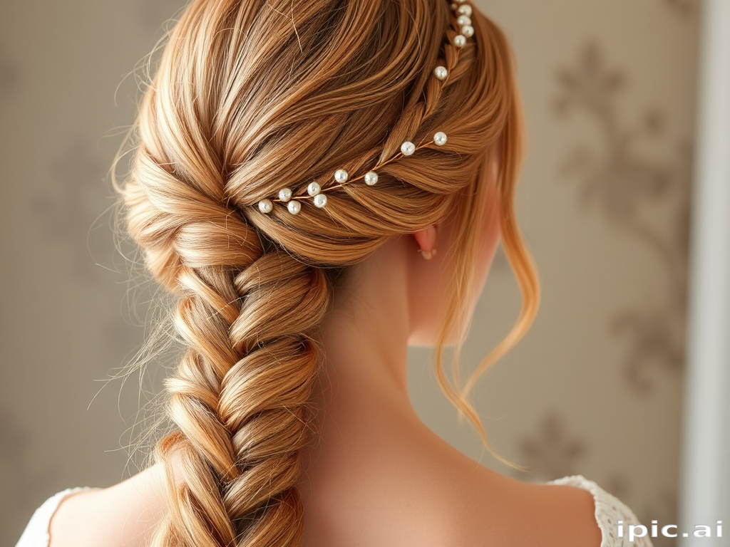 Luminous rose gold-haired beauty with a romantic, side-swept fishtail braid adorned with delicate pearl pins