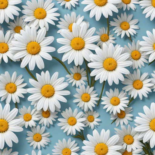 Create a seamless pattern featuring a light blue background filled with white daisies. Each daisy should have a bright yellow center and a simple, clean design. The flowers should be evenly spaced, creating a harmonious and cheerful floral pattern.