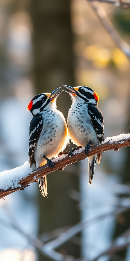 a pair of singing woodpeckers perched on a snow-covered branch with soft sunlight filtering through the trees, capture in 50mm lens, f/1.8 aperture, ISO 100, shallow depth of field, natural lighting, DSLR, high resolution