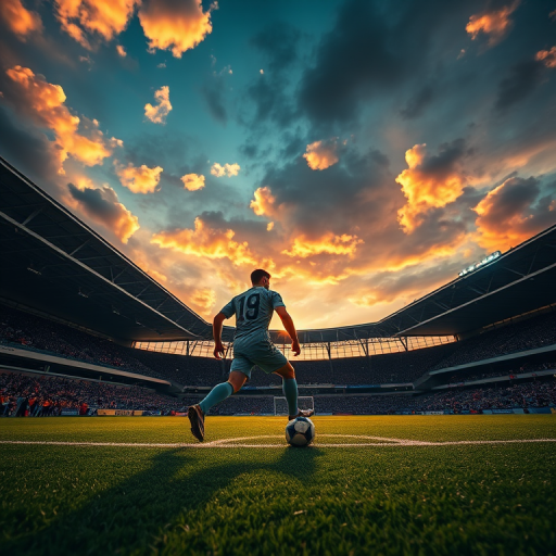 A soccer player preparing to take a corner kick in a stadium at sunset, dramatic clouds and lighting, captured with a Canon EOS R5, 24mm lens, f/2.8, ISO 100, shot at a low angle for dynamic perspective.