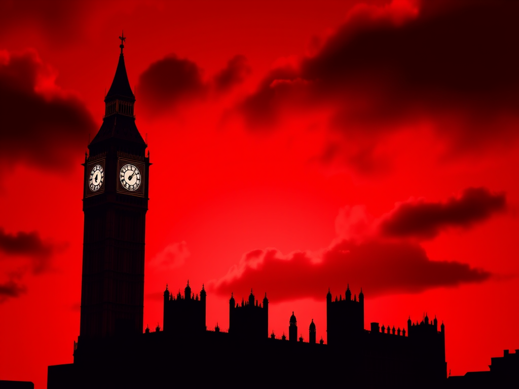 Create a high-resolution vector illustration of Big Ben silhouetted against a dramatic red background, with moody clouds, using a Canon EOS R5, f/8 aperture, 1/200s shutter speed, 24mm lens, and a wide-angle perspective to capture the grandeur of the tower.