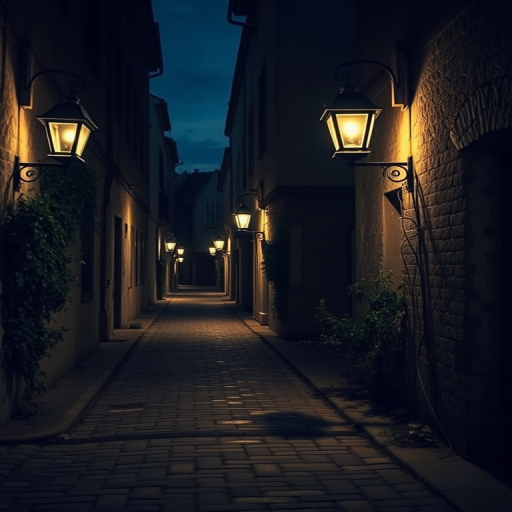 Create a dimly lit alleyway at dusk with cobblestone pavements, vintage street lamps illuminating the surroundings, overgrown vegetation along the edges, camera settings: f/1.8 aperture, ISO 200, shutter speed 1/60s, camera view: wide angle, camera style: moody cinematic, camera type: DSLR.