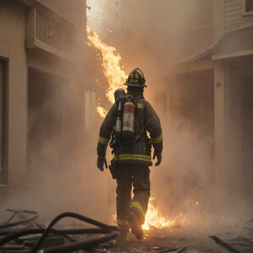 Blurry, action shot of a firefighter emerging from a smoke-filled building, soft light from the flames casting a warm glow, with debris and chaos surrounding the scene.