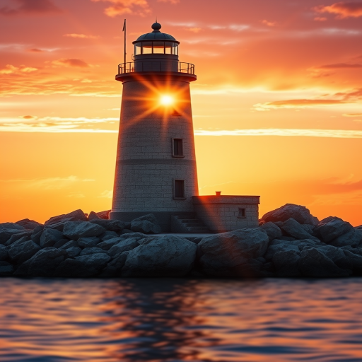 Generate an image of a tall lighthouse perched on a rocky outcrop surrounded by calm ocean waters during a breathtaking sunset. The lighthouse stands sturdy and weathered, its stone surface illuminated by the warm golden light of the setting sun. The sun's rays pass directly through the glass lantern room at the top of the lighthouse, casting a brilliant light across the scene. The sky is painted with vibrant shades of orange, pink, and purple, reflecting off the tranquil sea. The surrounding water shimmers with the same warm hues, creating a serene and majestic atmosphere.