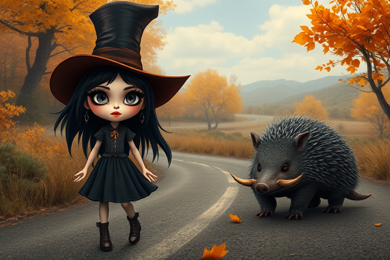 digital art fantasy depicting a strange girl with black hair, long eyelashes, orange lipstick and a tall hat walking along a winding road on an autumn afternoon, an armadillo smiles as he passes
