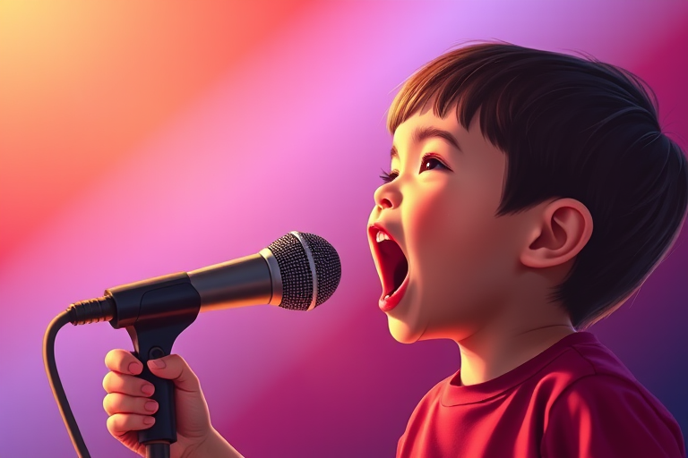 Create an illustration of a child yelling into a microphone, featuring dynamic lighting, high contrast colors, and a smooth gradient background, shot with a 50mm lens at f/2.8, ISO 200, and a shallow depth of field to enhance focus on the child.