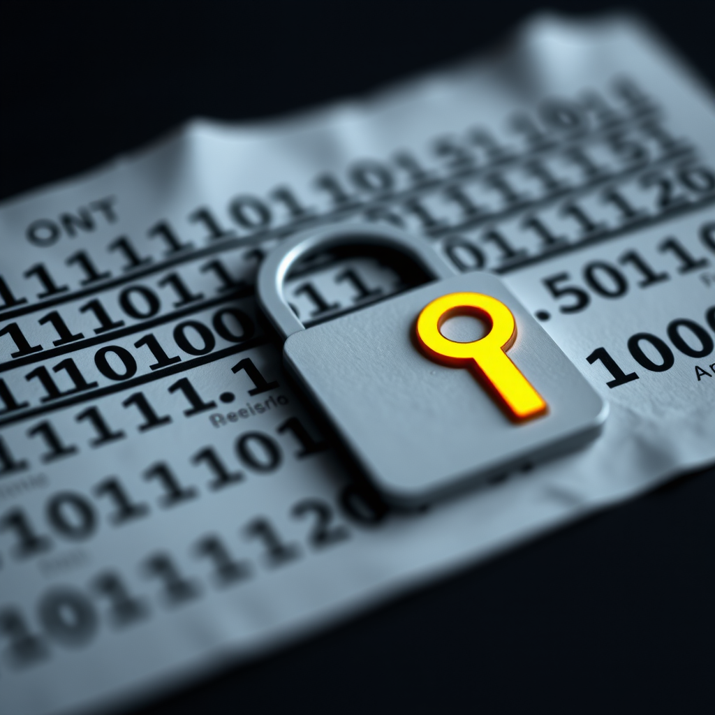 generate an image of a digital key on a piece of paper featuring binary code in black and gray shades, with a bright yellow key icon at the top, use a high-resolution style, with a 50mm lens, f/2.8 aperture, ISO 100, soft lighting for clarity and focus.