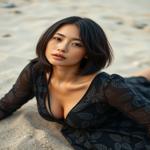 portrait of a woman with short black hair lying on the beach, wearing a long-sleeve black dress with intricate leaf patterns, soft natural lighting, shallow depth of field, captured with a Canon EOS R5, 50mm lens, f/1.8 aperture, ISO 100, high resolution