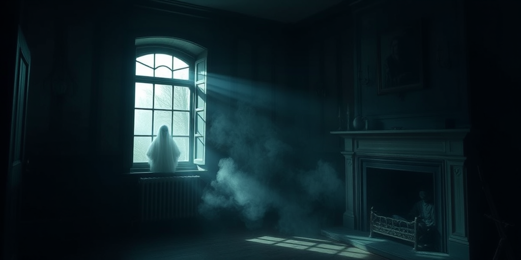 Interior of a dimly lit haunted room with a ghostly figure near a window, smoke drifting from a fireplace, soft natural light streaming through, ISO 200, f/2.8 aperture, 1/60 sec shutter speed, 35mm lens, using a full-frame DSLR camera.