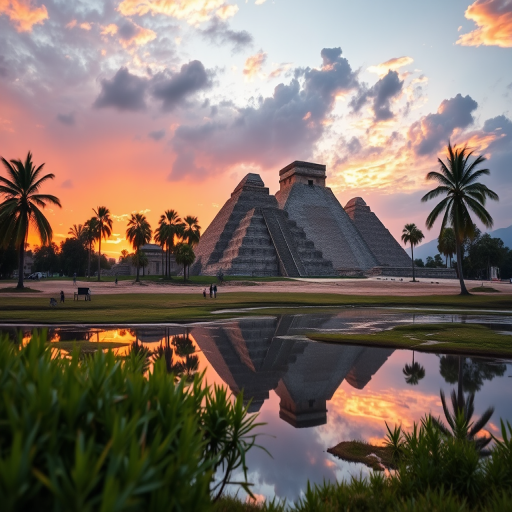 generate a landscape image of the pyramids at sunset with palm trees, vibrant colors, high resolution, DSLR camera, 24mm lens, aperture f/8, ISO 100, shot from a low angle to emphasize the foreground and reflections in water