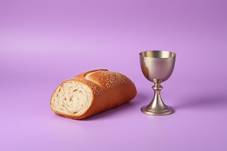 Create a high-resolution digital illustration of a loaf of bread and a chalice on a soft purple background, using a Canon EOS R5 at f/8, ISO 100, 50mm lens, with a crisp focus and vibrant colors in a flat lay view.