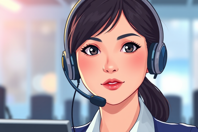 Create a high-resolution illustration of a female call center operator wearing a headset, focus on her facial expression, use a 50mm lens at f/2.8, with a soft focus background, capturing vibrant colors and sharp details, digital art style.