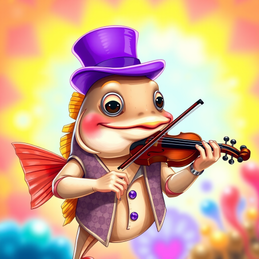 Create a high-resolution illustration of a playful fish wearing a purple top hat and a patterned vest, playing a violin, with a bright and colorful background, captured with a DSLR camera at f/8 aperture, 24mm lens, ISO 100, in natural lighting, with a vibrant color palette and crisp details.