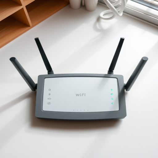 Generate a high-resolution image of a modern Wi-Fi router with two antennas, featuring LED indicators for power and network status, captured in a top-down view using a DSLR camera at f/2.8 aperture, ISO 100, 1/60 shutter speed, and natural daylight for a clear and vibrant appearance.