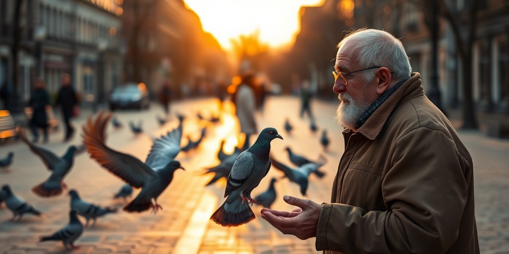 Capture an elderly man in a brown jacket feeding pigeons in an urban setting during golden hour, using a full-frame DSLR camera with a 50mm lens at f/1.8, ISO 200, and a shutter speed of 1/250s, with a shallow depth of field to accentuate the subject and blur the background.