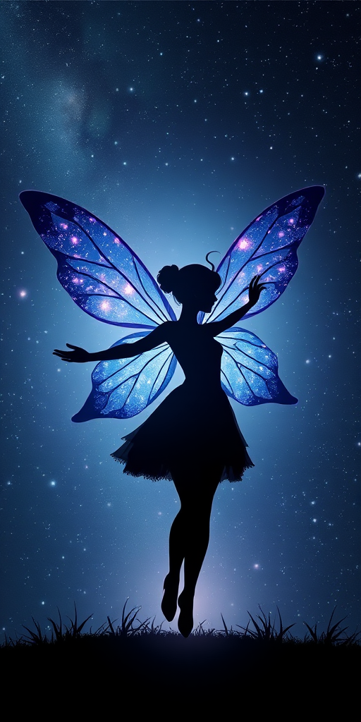Create a stunning image of a fairy silhouette with large flower-like wings filled with a cosmic starry background, using a high-resolution DSLR camera, focal length of 85mm, aperture set to f/1.8, and soft focus style to enhance the ethereal quality and depth of the scene.