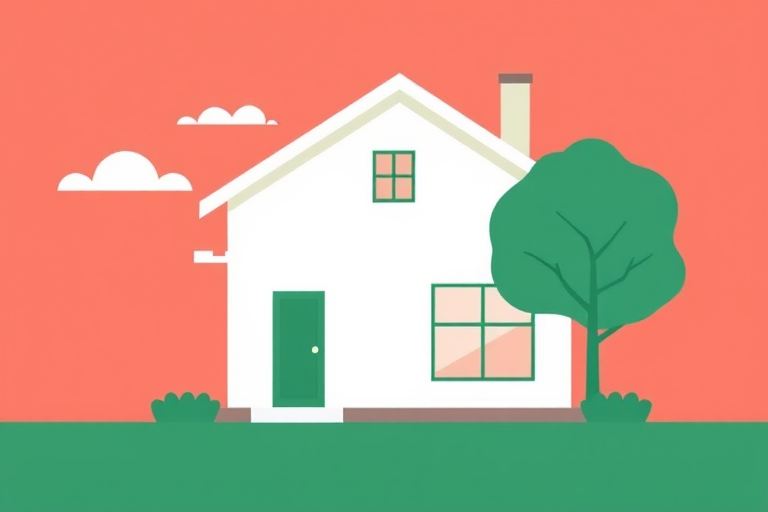 Create a minimalist illustration of a house with a flat roof, featuring a green door, large windows, a simple tree, and stylized clouds in a coral background, captured with a DSLR camera at f/8 aperture, 35mm lens, natural lighting, and a wide-angle view.
