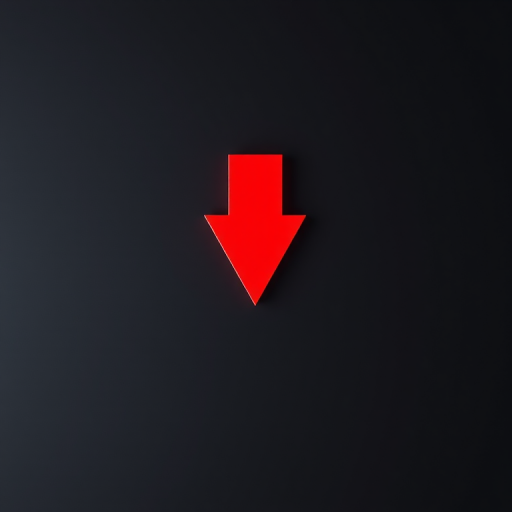 create a sleek, glossy red arrow pointing downwards in a minimalist style, with a soft gradient finish to enhance depth, use a 50mm lens, f/2.8 aperture, 1/200 sec shutter speed, capture with a DSLR camera, top-down view, and enhance image quality with high resolution.