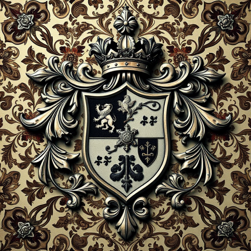 Design a vintage heraldic crest with intricate floral and abstract patterns in the background, using a Canon EOS R5 with a 50mm f/1.2 lens, aperture set to f/4 for depth of field, ISO 100 for clarity, and a soft, diffused lighting setup to enhance details and textures.