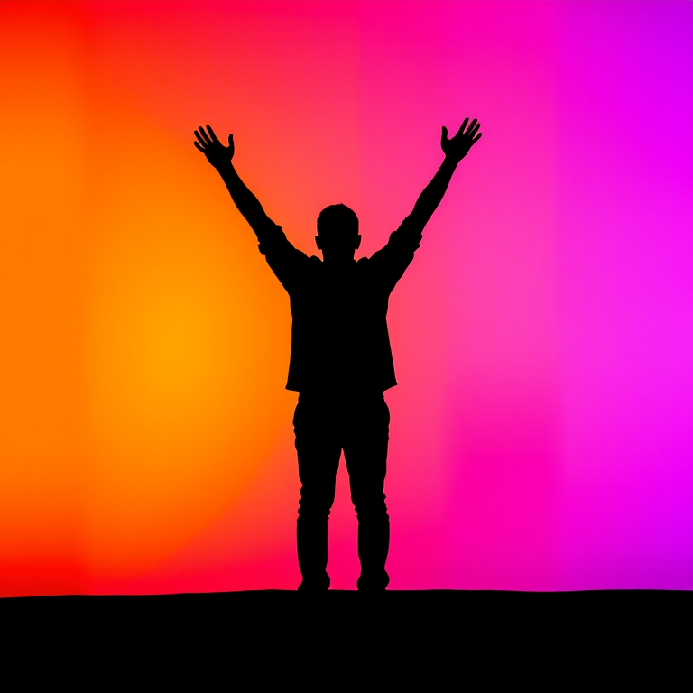 Capture an abstract black silhouette of a person standing with arms raised, set against a vibrant gradient background of orange and purple; use a DSLR camera with a 50mm lens, f/1.8 aperture, ISO 200, and a shutter speed of 1/500s, shot from a low angle to emphasize the figure against the colorful backdrop.