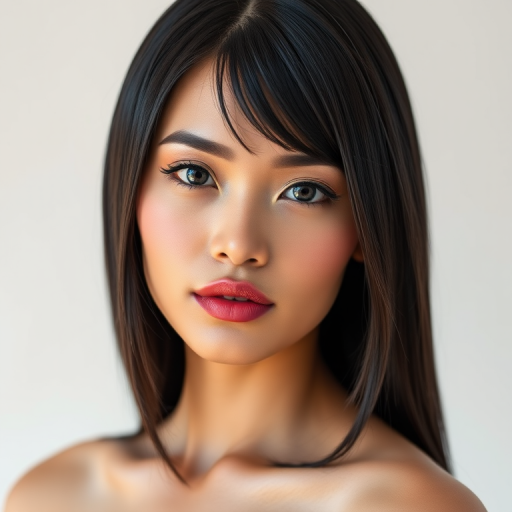 Generate a high-resolution digital portrait of a woman with sharp makeup features and straight black hair, using a Canon EOS R5, 85mm lens, f/1.8 aperture, ISO 100, shot in soft natural light with a clean studio backdrop.