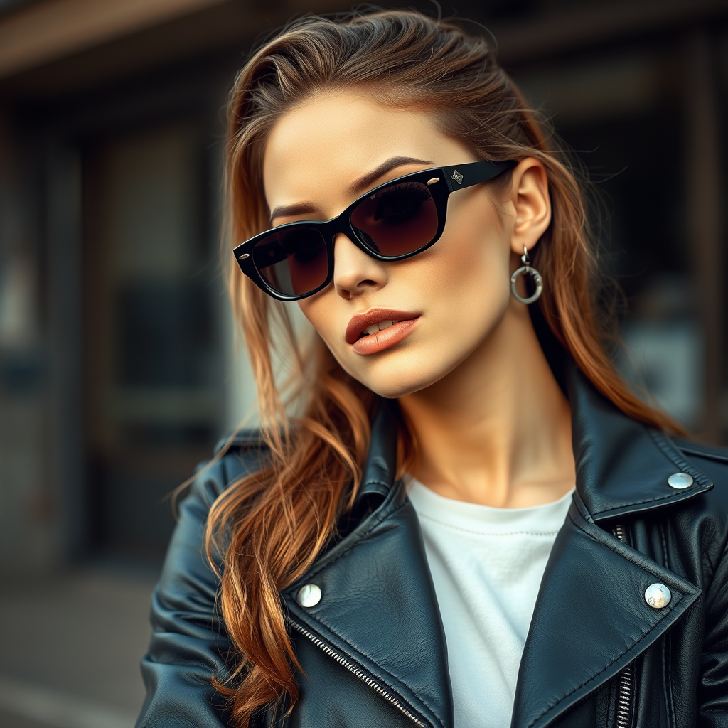 Outdoor shot, stunning female model, vintage leather jacket, sunglasses, cinematic effect, Position the camera at the model’s eye level using a 35mm f/1.4 lens